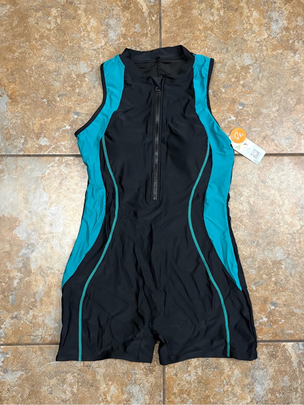 Women’s Teal & Black Zip Front One-Piece Swimsuit